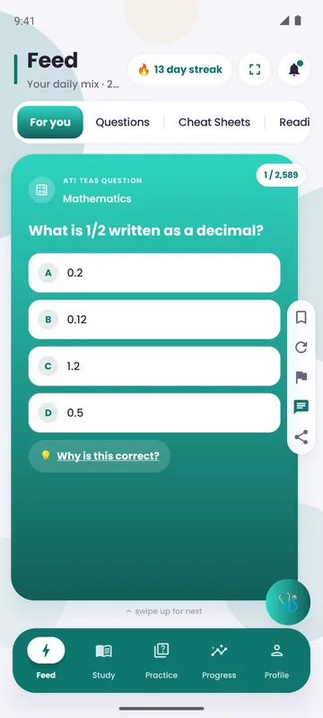 CinnaEntry app: the study feed with a practice question